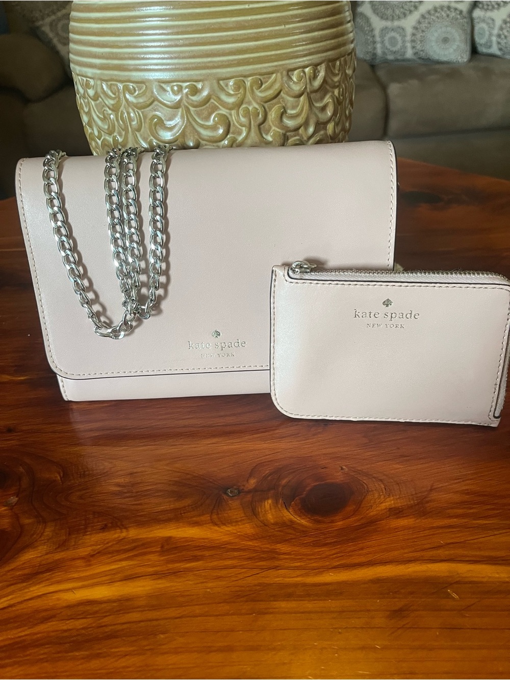kate spade Pale Pink Leather Crossbody with Silver Chain and Matching Wallet